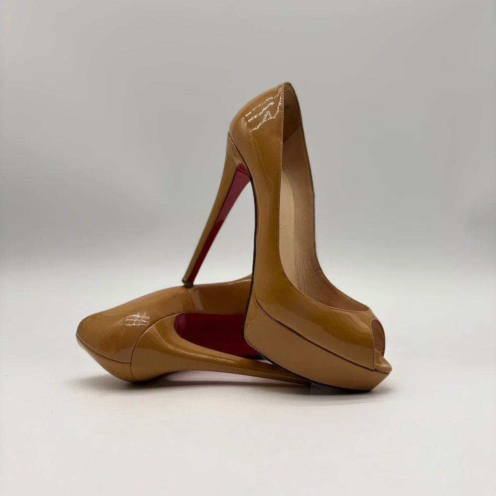 Christian Louboutin Lady Peep 150 Patent Leather Platform Pumps Tan Camel 38.5